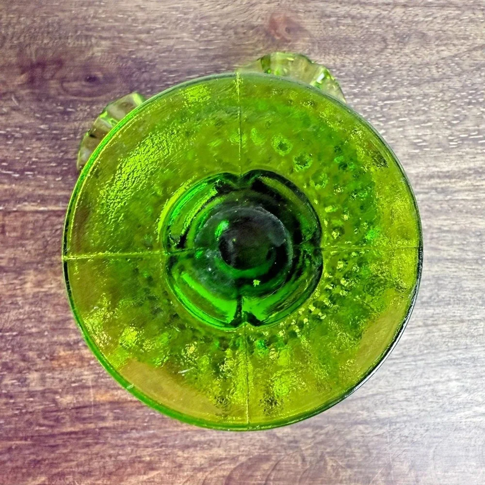 Vintage Uranium Glass Hobnail Pedestal Vase‎ UV Reactive Ruffled Green 5.5